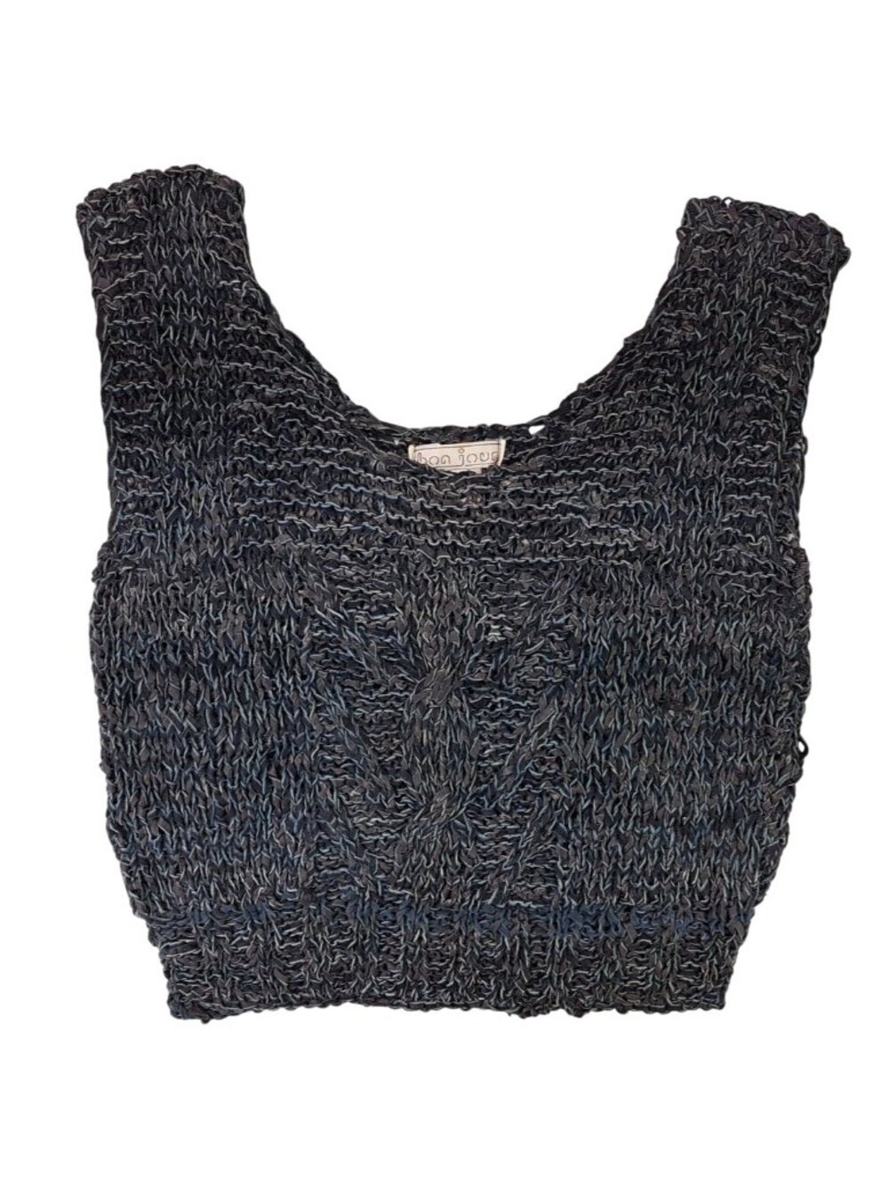 Vintage Knit Black Leather Sleeveless Blouse Top Tank Bon Jour Size Medium 1980s